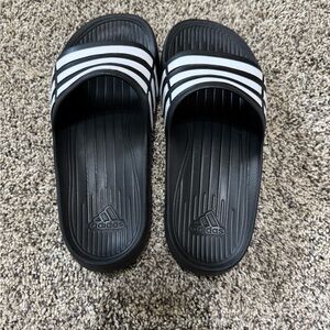 Adidas Kids Striped Black and White Slides